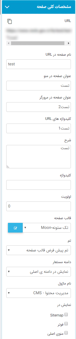 پنل مشخصات کلی صفحه و بهینه سازی مانا